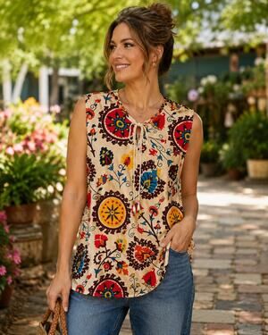 Boho Folk Artsy Floral Sleeveless Tie Neck Blouse Cream Cotton  Women's M